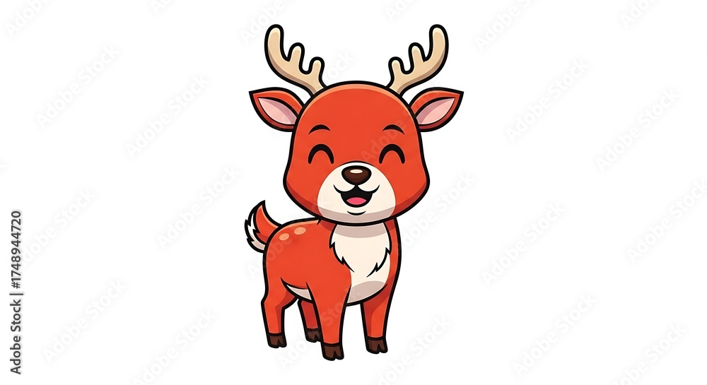 Fototapeta premium Cute Cartoon Reindeer Illustration with Happy Expression and Festive Antlers.