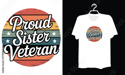 Vintage Proud Sister Veteran American Flag Art Illustration