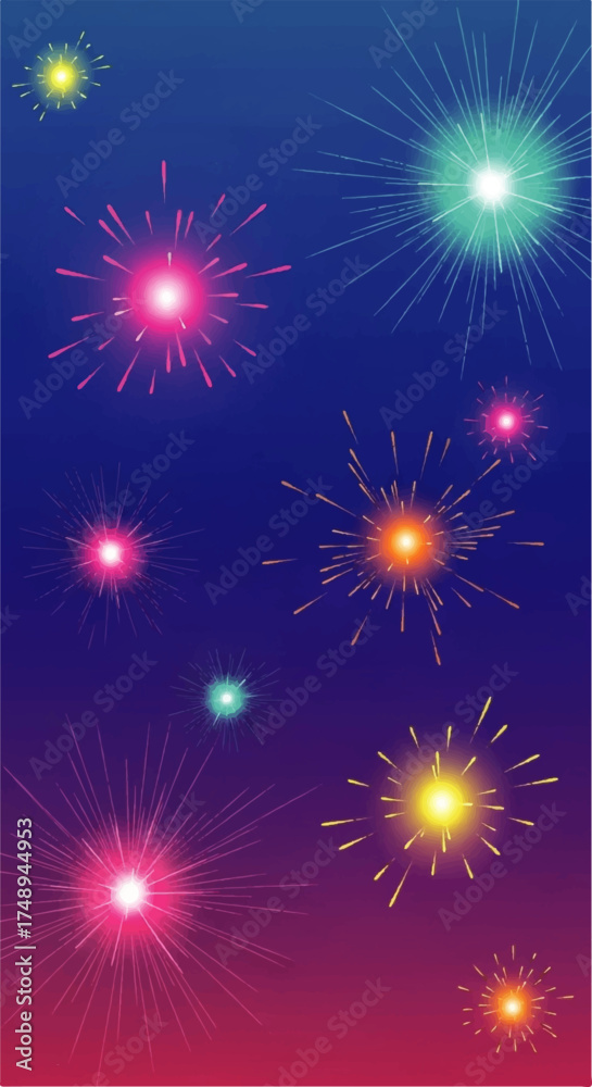 Naklejka premium Vibrant Bursting Fireworks Display Against Gradient Sky.
