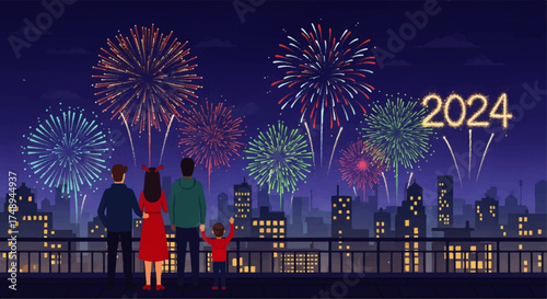 Family Watching Spectacular 2024 New Year Fireworks Display.