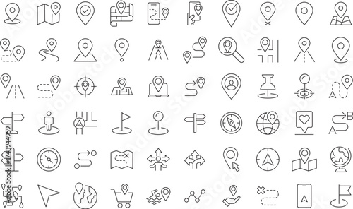 Navigation and Location Icon Set. Editable Stroke.
