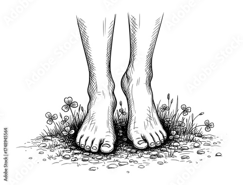 Bare Feet on Grass with Flowers in Hand-Drawn Sketch Style. Vector Illustration for Grounding and Mindfulness.
