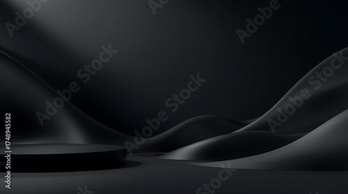 Luxurious black product background with soft gradient lighting and smooth reflective textures. The elegant minimalist design creates a professional atmosphere for product presentation, 