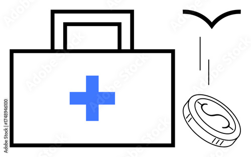 Medical kit with cross, coin for savings, and abstract gesture symbolizing aid and care. Ideal for health insurance, emergency funds, medical assistance, financial planning, charity, healthcare