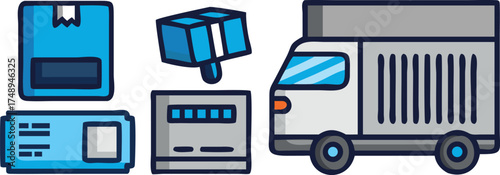 Shipping, Delivery, and Logistics Icons: Cardboard Boxes, Warehouse, and Delivery Truck