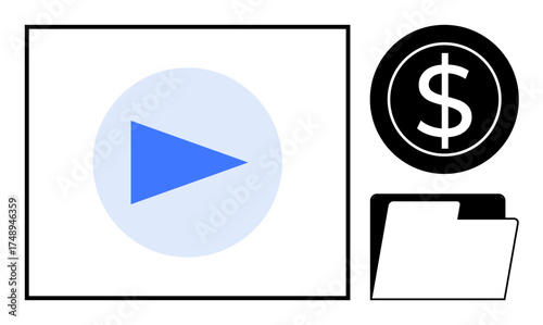 Blue play arrow, dollar coin, and folder forming a simple concept of media monetization, financial management, and file organization. Ideal for digital content, business, finance, online media