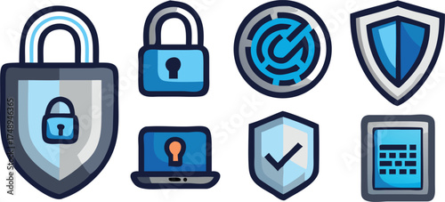 Cyber Security and Data Protection Icons Set: Padlock, Shield, Fingerprint, VPN, and Password