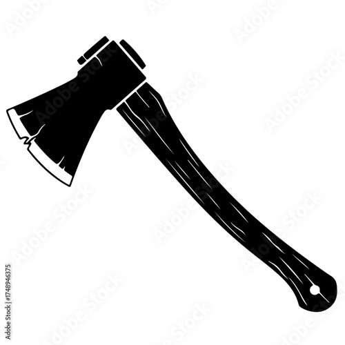 Black Hatchet Silhouette Vector Icon on White Background, 
Lumberjack Axe Tool Single Object Graphic Illustration, tool icon, woodworking logo element, camping equipment symbol.