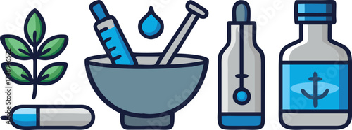 Herbal Medicine, Pharmacy, and Healthcare Icons Set: Mortar, Pestle, Syringe, Pill, and Natural Remedies