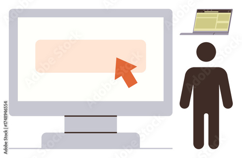 Computer monitor with red cursor click, person figure, and small laptop. Ideal for user experience, web design, digital marketing, online learning, technology, remote work simple flat metaphor