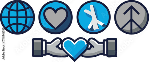 Global Solidarity and Unity Icons Set: Planet Earth, Heart, Peace Sign, and Helping Hands