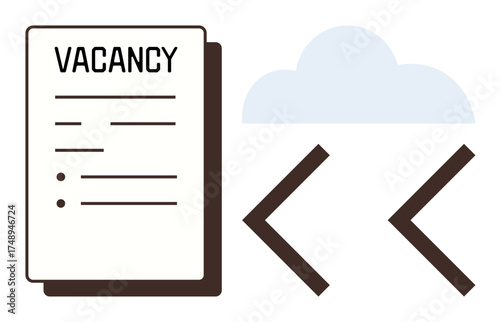 Job vacancy document next to a cloud and code brackets. Ideal for employment, recruitment, careers, coding, cloud computing, software development, innovation. A simple flat metaphor