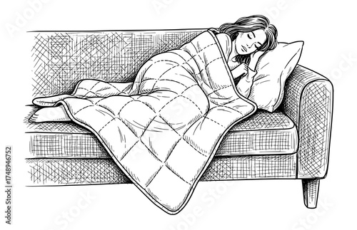 Woman Resting on Sofa Under Blanket in Hand-Drawn Sketch Style. Cozy Hygge Comfort Vector Illustration for Relaxation.