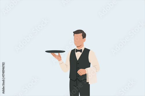 Flat vector illustration of a professional waiter standing and holding an empty serving tray with one hand. Symbolizing excellent restaurant service and hospitality.