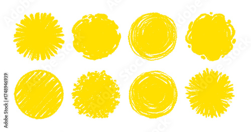 Round sun watercolor paint shape sets. Hand drawn rough yellow circle shape ink brush stroke grunge texture. Grunge circular rough brush badge background Japanese sun elements. Vector illustration