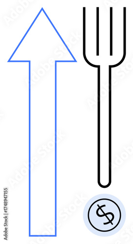 Upward arrow alongside a fork and coin emphasizes the concept of increasing food prices and economic pressure. Ideal for finance, economics, inflation, cost analysis, budgeting, dining, and market