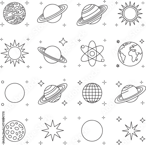 Solar System Planets and Space Elements Set  Thin Line Astronomy Vector Illustration
