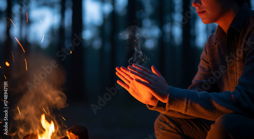Warming Hands by the Campfire at Night