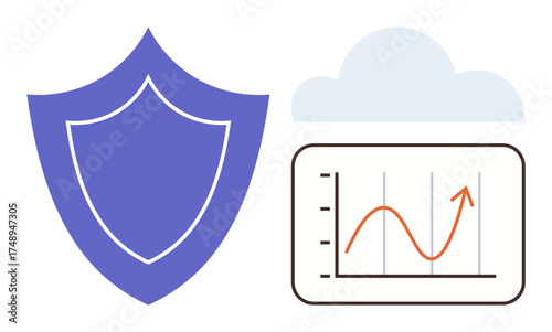 Shield icon represents security, with a cloud and graph displaying upward growth. Ideal for cybersecurity, cloud storage, data analytics, business growth, online safety, digital protection, simple