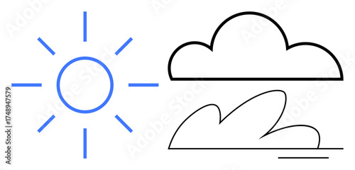 Minimalist sun with rays, outline of a cloud, and stylized ocean waves. Ideal for nature, weather, simplicity, sustainability, climate travel and relaxation themes. A simple flat metaphor