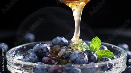 Golden honey drizzles over fresh, juicy blueberries in a glass bowl with a mint garnish, perfect for a healthy breakfast...