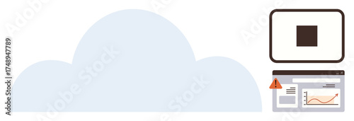 Cloud storage icon alongside a computer monitor showing a graph, documents, and error alert. Ideal for data storage, IT issues, analytics, cybersecurity, cloud service, system monitoring simple flat