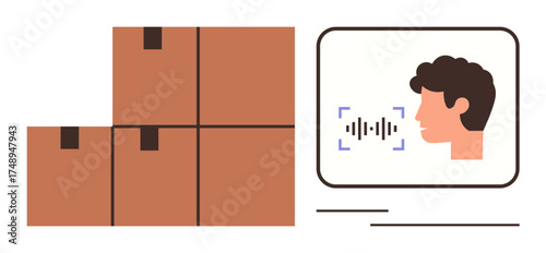 Stacked cardboard boxes beside a voice recognition system capturing speech. Ideal for logistics, voice technology, smart systems, delivery tracking, AI innovation, automation, simple flat metaphor