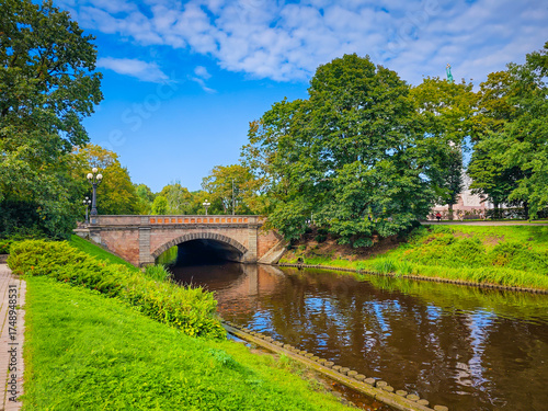 Bastejkalna Park and Daugava canal in center of Riga. Park with bridges in Riga old town. Touristic place