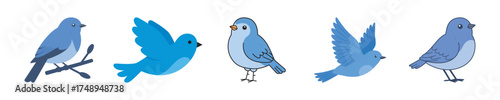 Collection of various blue bird vector illustrations featuring flying, perching, and standing poses, perfect for nature and animal-themed designs
