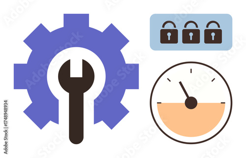 Gear and wrench for settings, three locked padlocks for security, and speedometer gauge signify performance and optimization. Ideal for maintenance, security, speed, efficiency, systems, upgrade