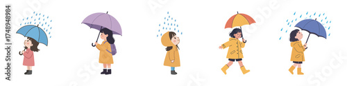 A delightful collection of cute illustrated girls enjoying a rainy day with umbrellas
