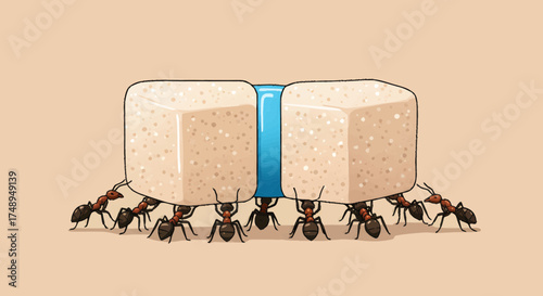 Ants working together to move large sugar cubes across a flat surface