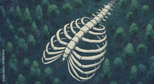 Aerial View of a Giant Skeleton Ribcage in a Dense Forest