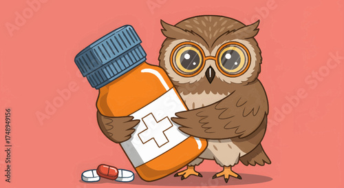 An owl holding a medicine bottle with pills nearby in a simple illustration style