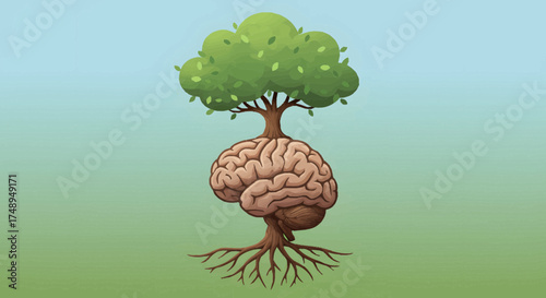 A surreal illustration of a tree growing out of a human brain, symbolizing creativity and growth in a serene environment