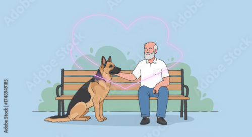 Elderly man and loyal German Shepherd dog sharing a profound emotional bond on a park bench, illustrating heartwarming companionship and the special love pets bring to seniors' lives
