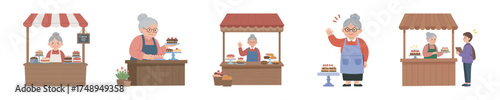 Elderly Woman Selling Sweet Pastries and Cakes at a Market Stall
