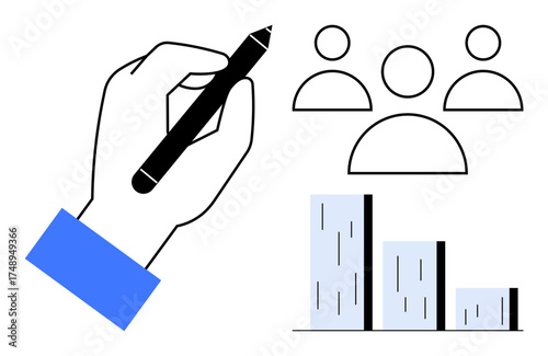Hand holding black pen adjacent to three user icons and bar chart representing teamwork, statistical analysis, and innovation. Ideal for collaboration, creativity, business, strategy, data