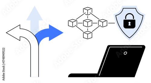 Arrowed pathways symbolizing decision-making, blockchain network structure, laptop, and shield lock highlight security. Ideal for technology, security, innovation, decision-making, blockchain data