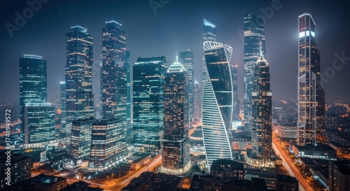 The Moscow International Business Center at night, featuring tall skyscrapers and illuminated streets.