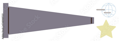 Spotlight beam directed at globe symbolizing connection and yellow star representing recognition. Ideal for focus, success, innovation, leadership, aspiration, strategy, communication. Simple flat