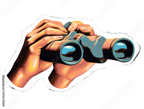Hands Holding Binoculars Torn Paper on Transparent Background  Illustration
