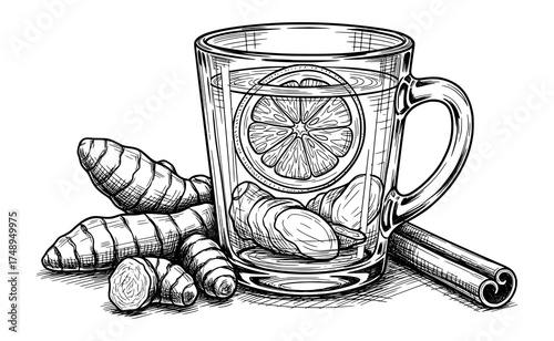 Ginger Tea with Lemon and Cinnamon in Vintage Engraving Style. Vector Illustration for Wellness Concept.