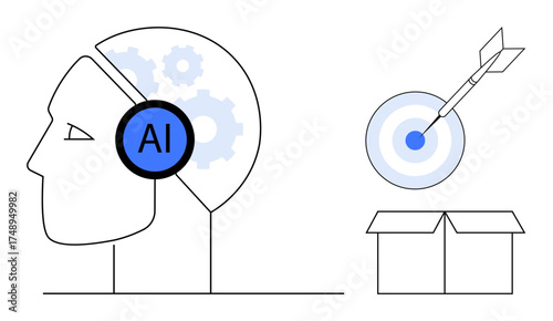 Head with AI inscription and gears, bullseye with dart, and open box signifying creativity, decision-making, and precision. Ideal for AI, innovation, goal setting, technology problem-solving