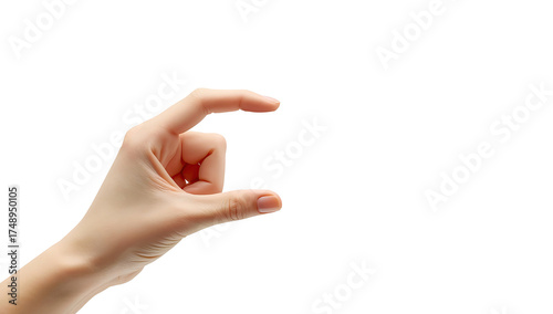 A hand gesture showing something small between the index finger and the thumb against emptiness on transparent background