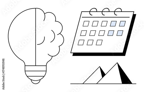 Lightbulb with brain shape, calendar with marked dates, and two pyramids in minimalist design. Ideal for creativity, brainstorming, time management, planning, history, legacy simple flat metaphor