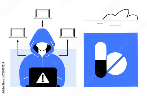 Hooded figure using laptop with warning sign, four connected laptops, pill images, cloud icon. Ideal for cybersecurity, hacking, drug trafficking, online crime, data theft digital risks digital