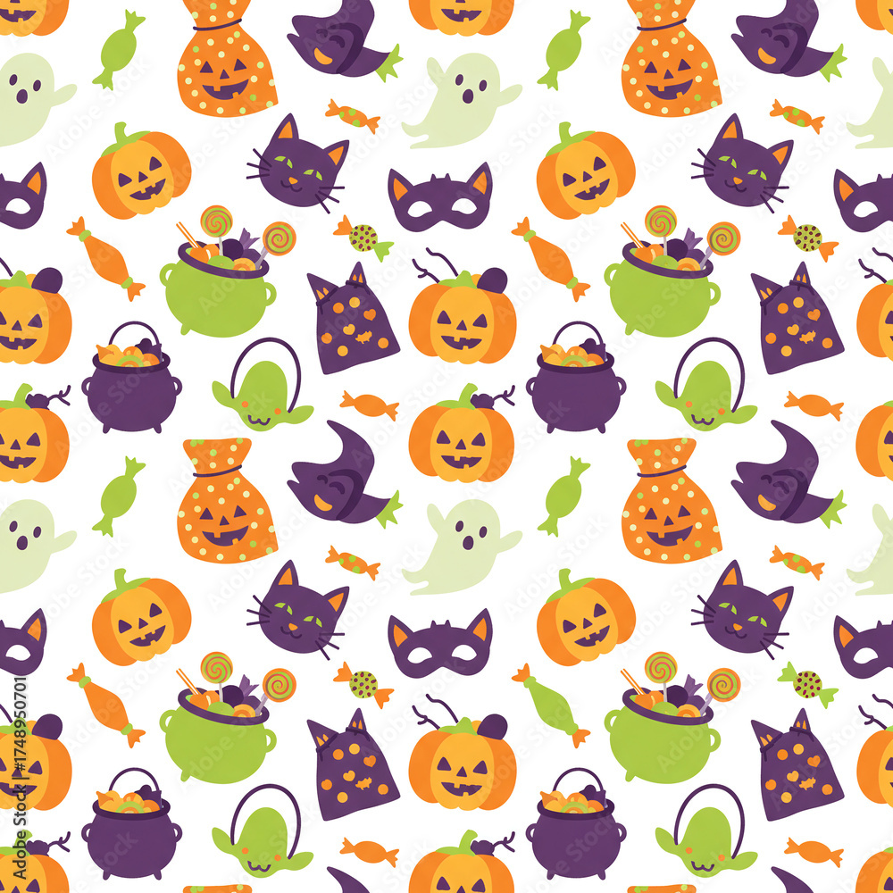 Obraz premium Cute Halloween seamless pattern with festive trick-or-treat icons like pumpkins, cats, ghosts, and candy cauldrons. A playful design for kids' party decor.