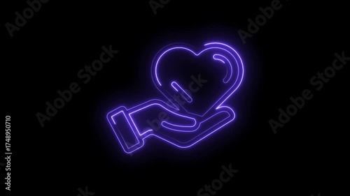 Neon hand holding heart symbol animation love care donation charity graphic motion