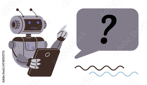 Robot holding tablet and pointing to speech bubble with question mark, symbolizing inquiry, decision-making, and knowledge. Ideal for AI, technology, chatbot, education, brainstorming automation